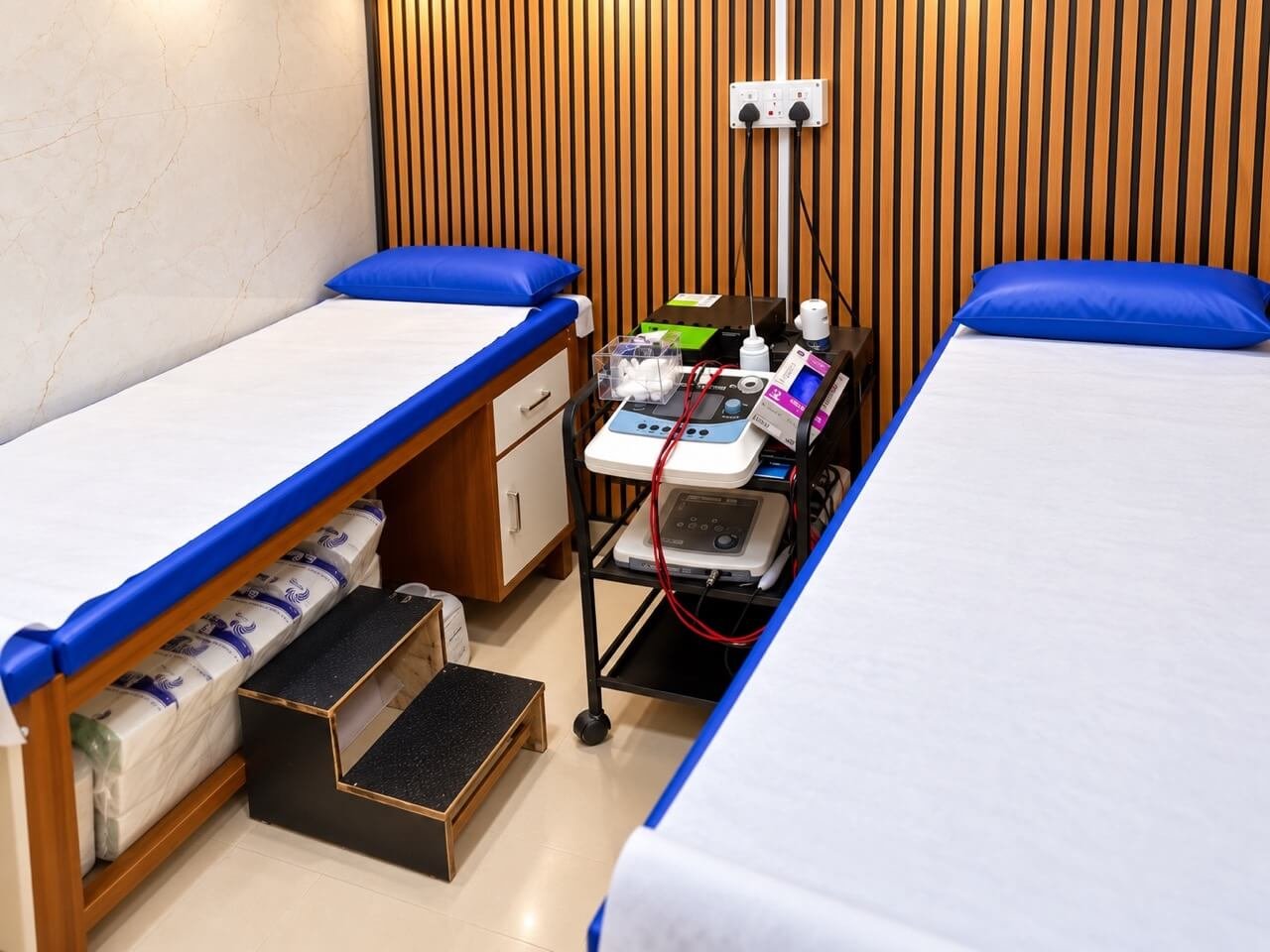 Two blue treatment beds and an equipment trolley in the clinic