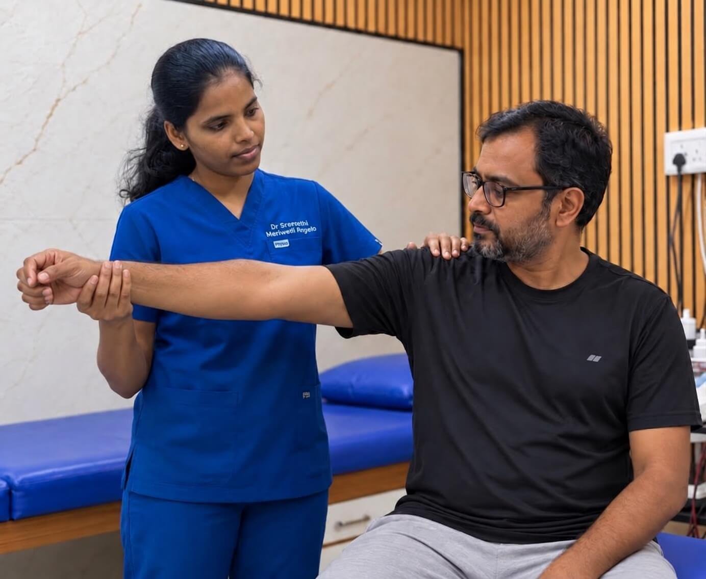 Physiotherapist assisting a seated man with an arm movement